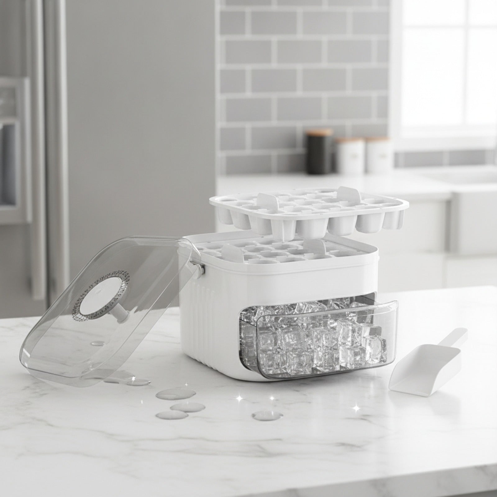 Compact Double Layer Ice Cube Tray with Lid and Bin, Pull-Out Ice Drawer with Portable Handle, Kitchen Accessories, Gadgets