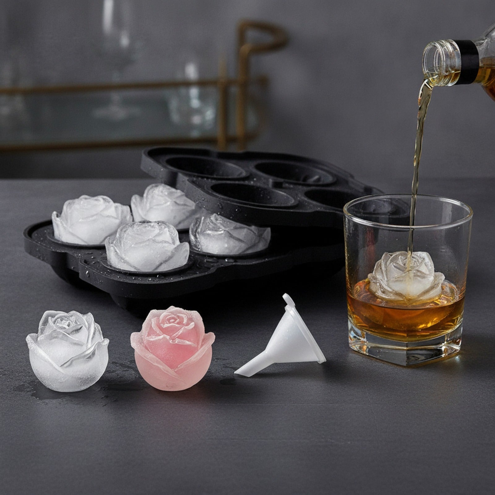 LMETJMA Ice Cube Tray Easy Release Rose Ice Cube Trays With Funnel Silicone Rose Ice Ball Maker for Cocktails Whiskey JT51