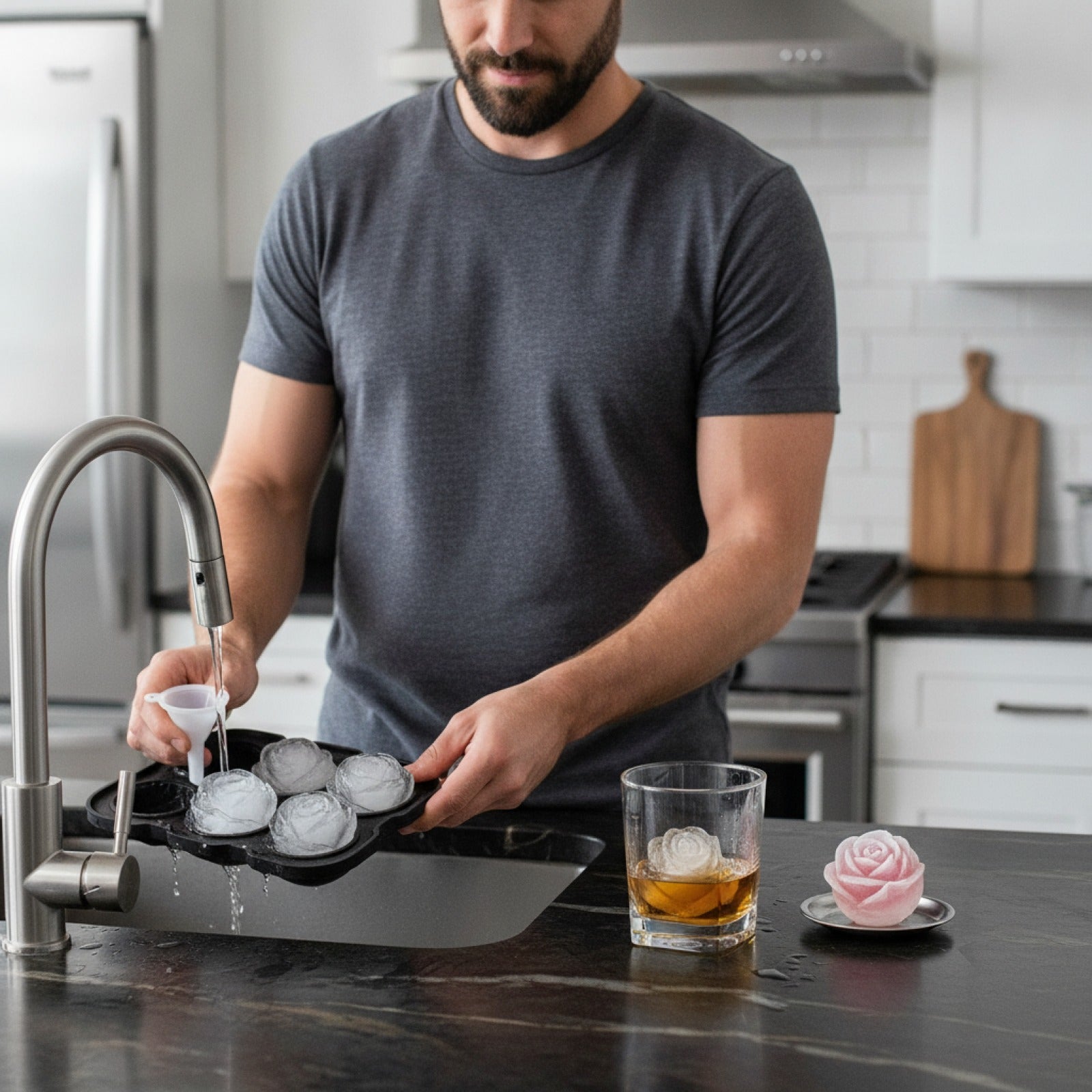 LMETJMA Ice Cube Tray Easy Release Rose Ice Cube Trays With Funnel Silicone Rose Ice Ball Maker for Cocktails Whiskey JT51